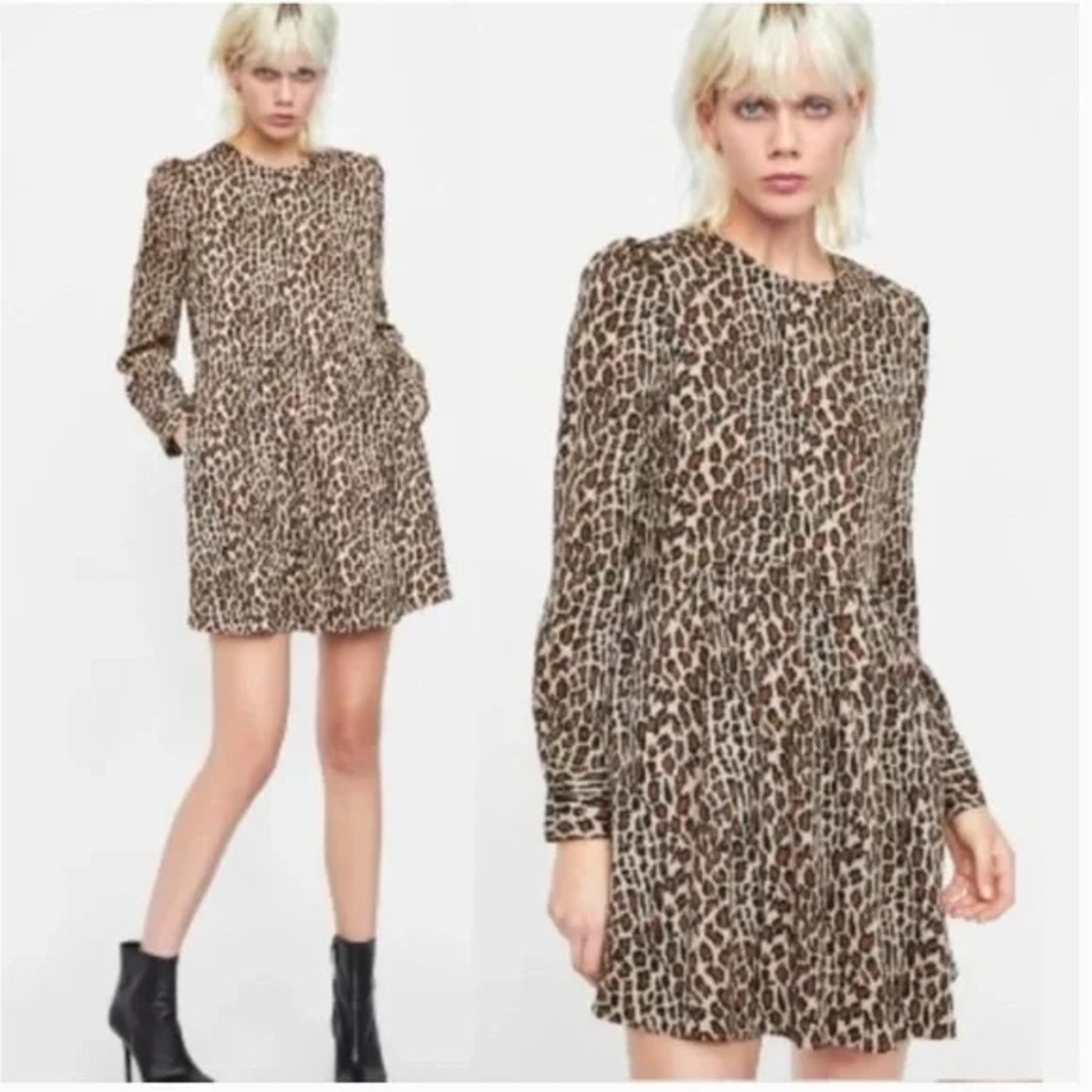 Zara Leopard Print Long Sleeve Babydoll Dress. Size S. NWT